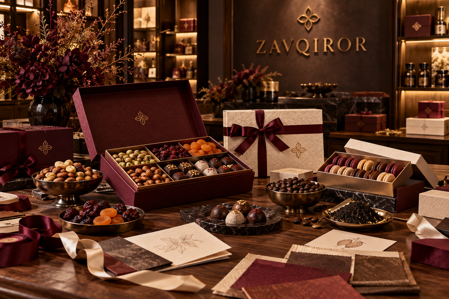 ZAVQIROR gourmet gifting studio with nuts, chocolates, macarons, coffee, tea, ribbons and packaging materials